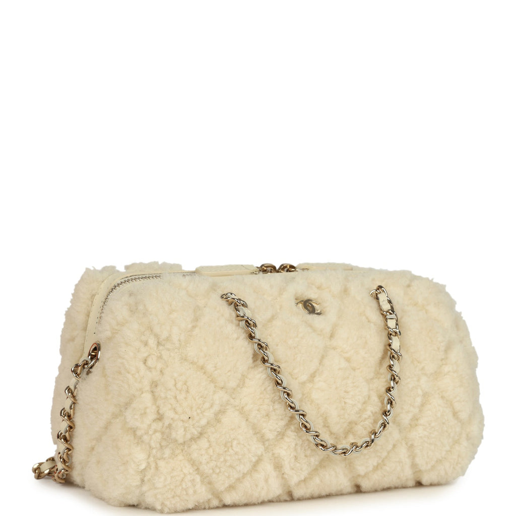 Mini Timeless Classic Barrel Bag with Chain Beige Shearling Light Gold Hardware