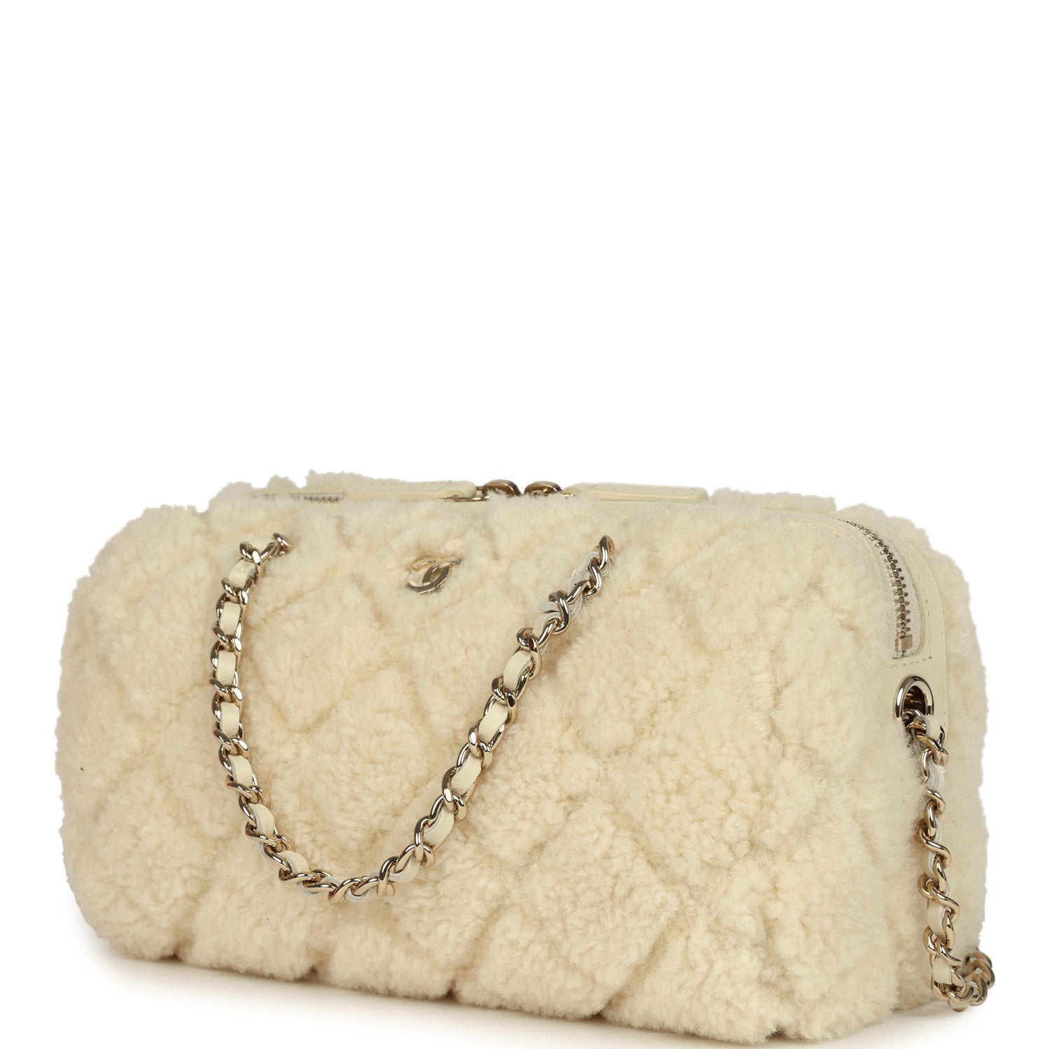 Mini Timeless Classic Barrel Bag with Chain Beige Shearling Light Gold Hardware
