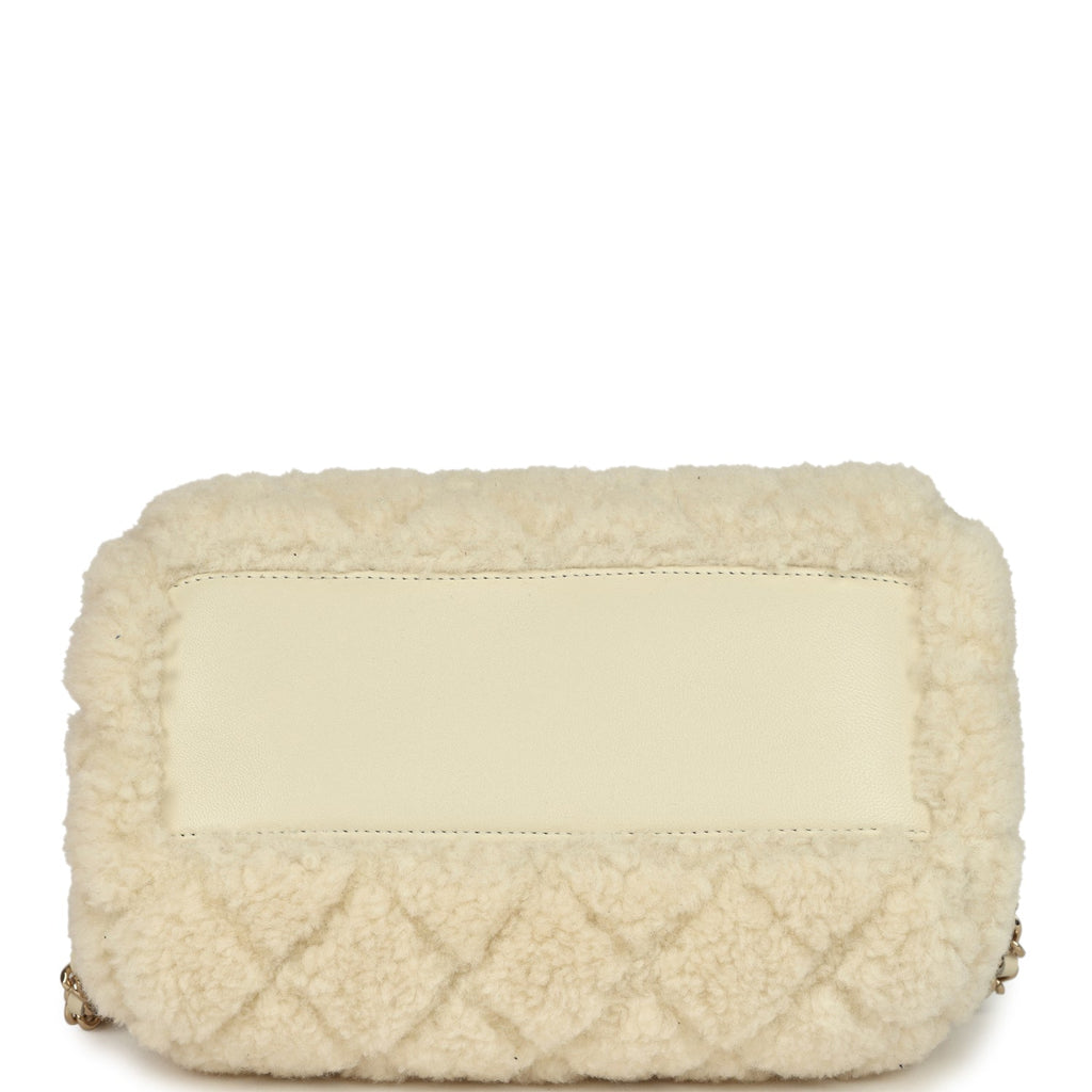Mini Timeless Classic Barrel Bag with Chain Beige Shearling Light Gold Hardware
