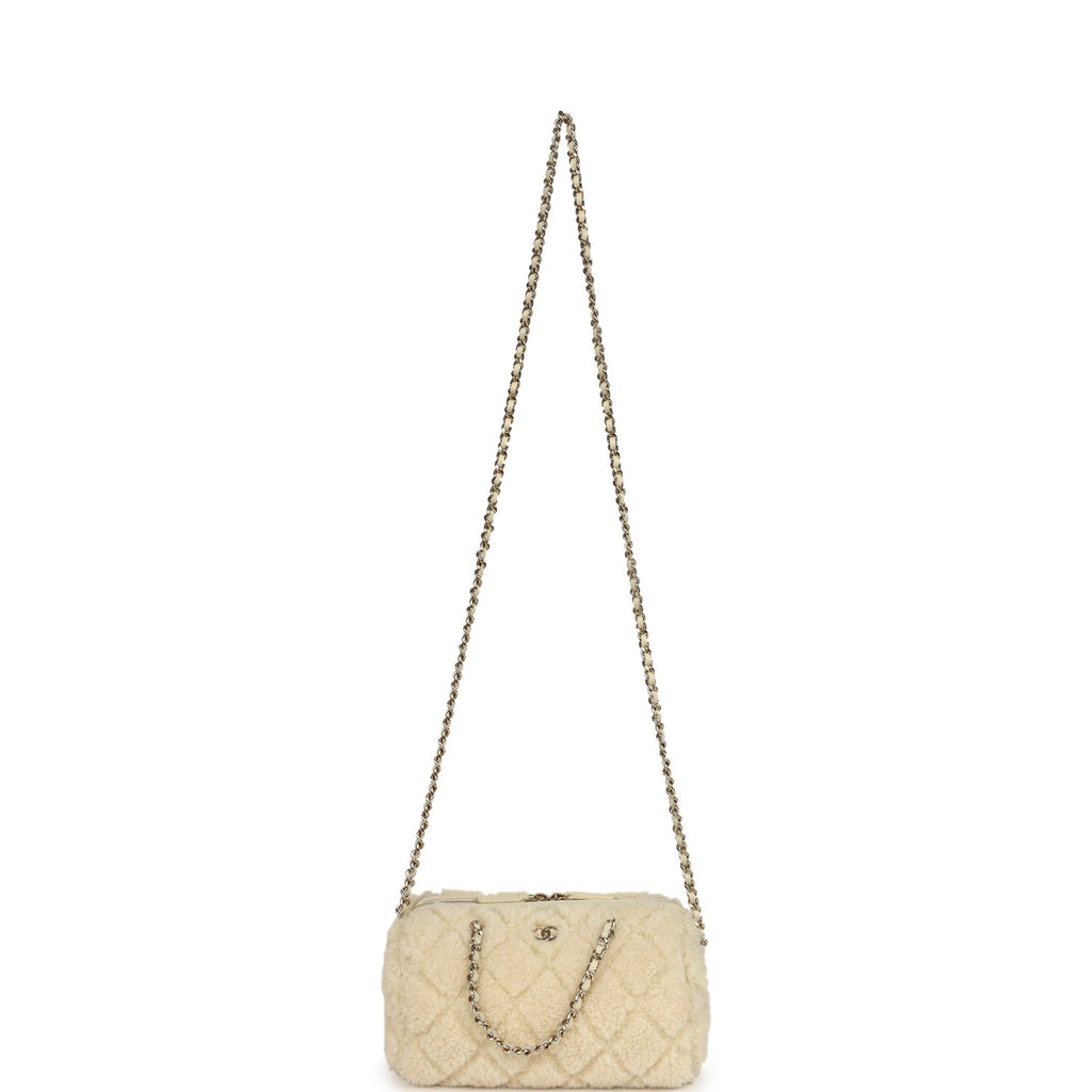 Mini Timeless Classic Barrel Bag with Chain Beige Shearling Light Gold Hardware
