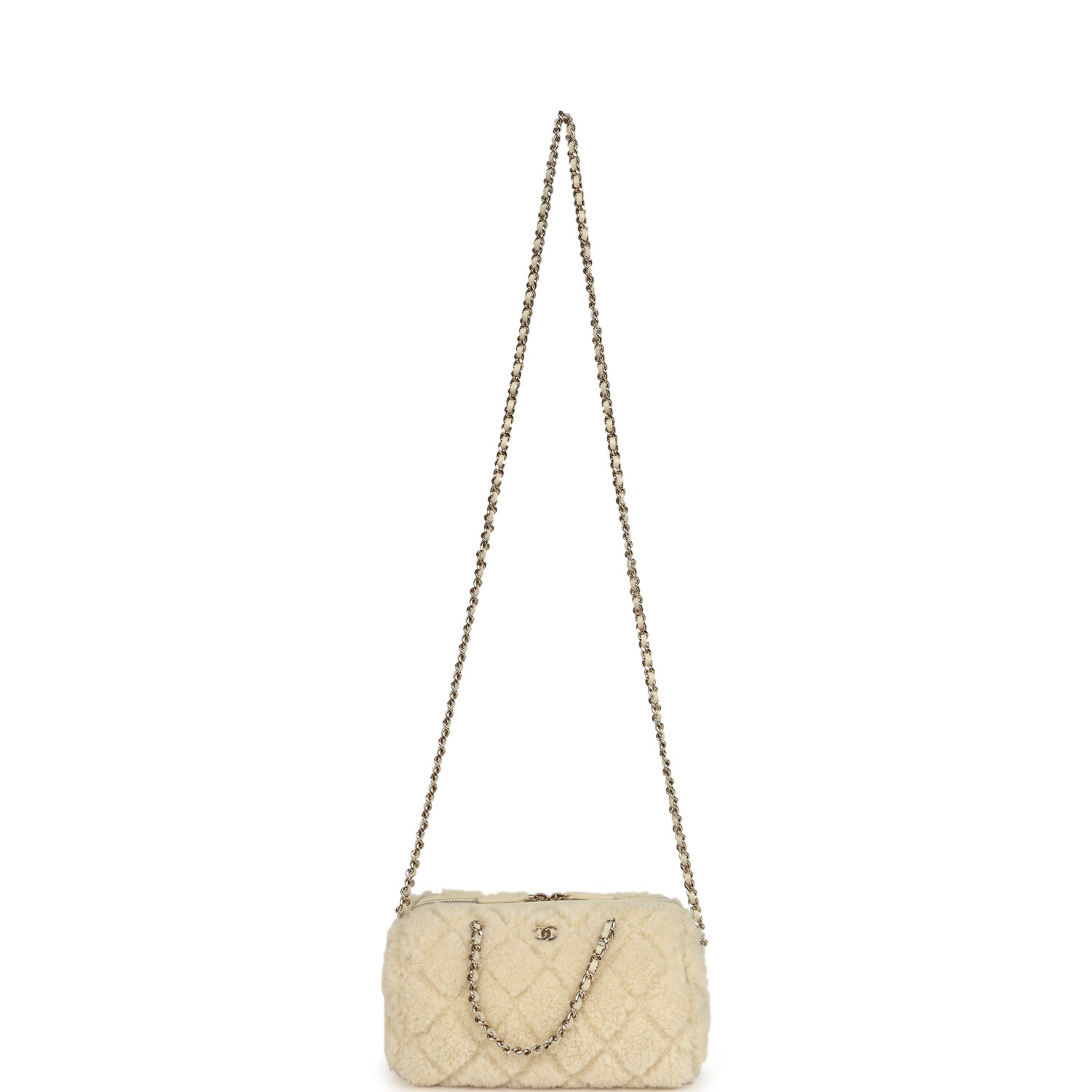 Mini Timeless Classic Barrel Bag with Chain Beige Shearling Light Gold Hardware
