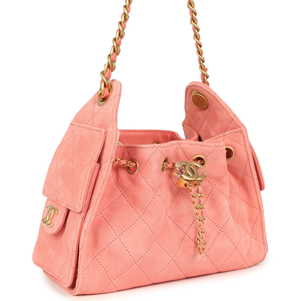Mini 25 Hobo Bag Pink Suede Antique Gold Hardware