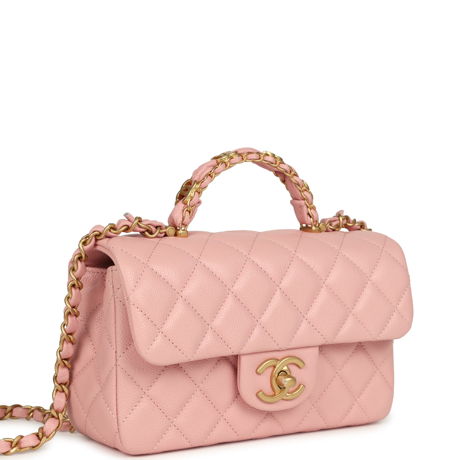 Mini Rectangular Flap Bag with CC Top Handle Pink Shiny Caviar Antique Gold Hardware