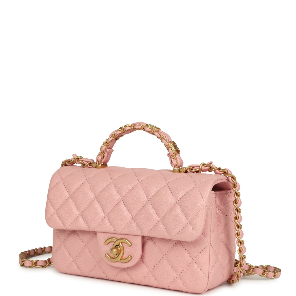 Mini Rectangular Flap Bag with CC Top Handle Pink Shiny Caviar Antique Gold Hardware