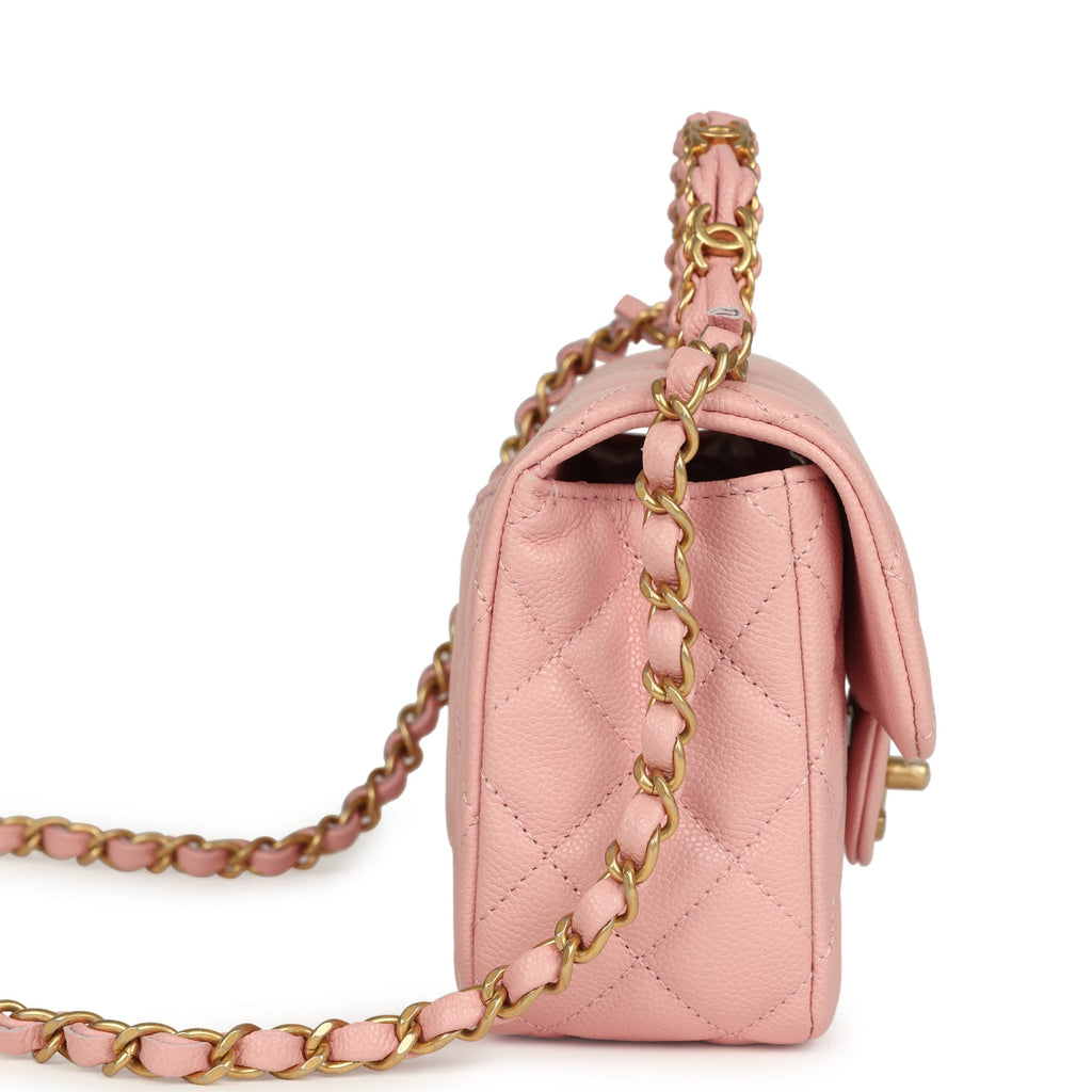 Mini Rectangular Flap Bag with CC Top Handle Pink Shiny Caviar Antique Gold Hardware