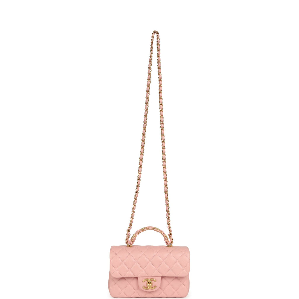 Mini Rectangular Flap Bag with CC Top Handle Pink Shiny Caviar Antique Gold Hardware