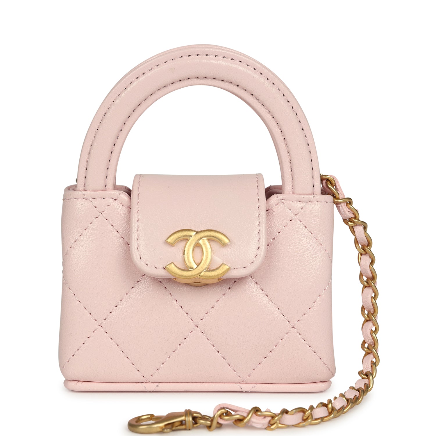 Nano Kelly Bag Charm Light Pink Shiny Lambskin Brushed Gold Hardware