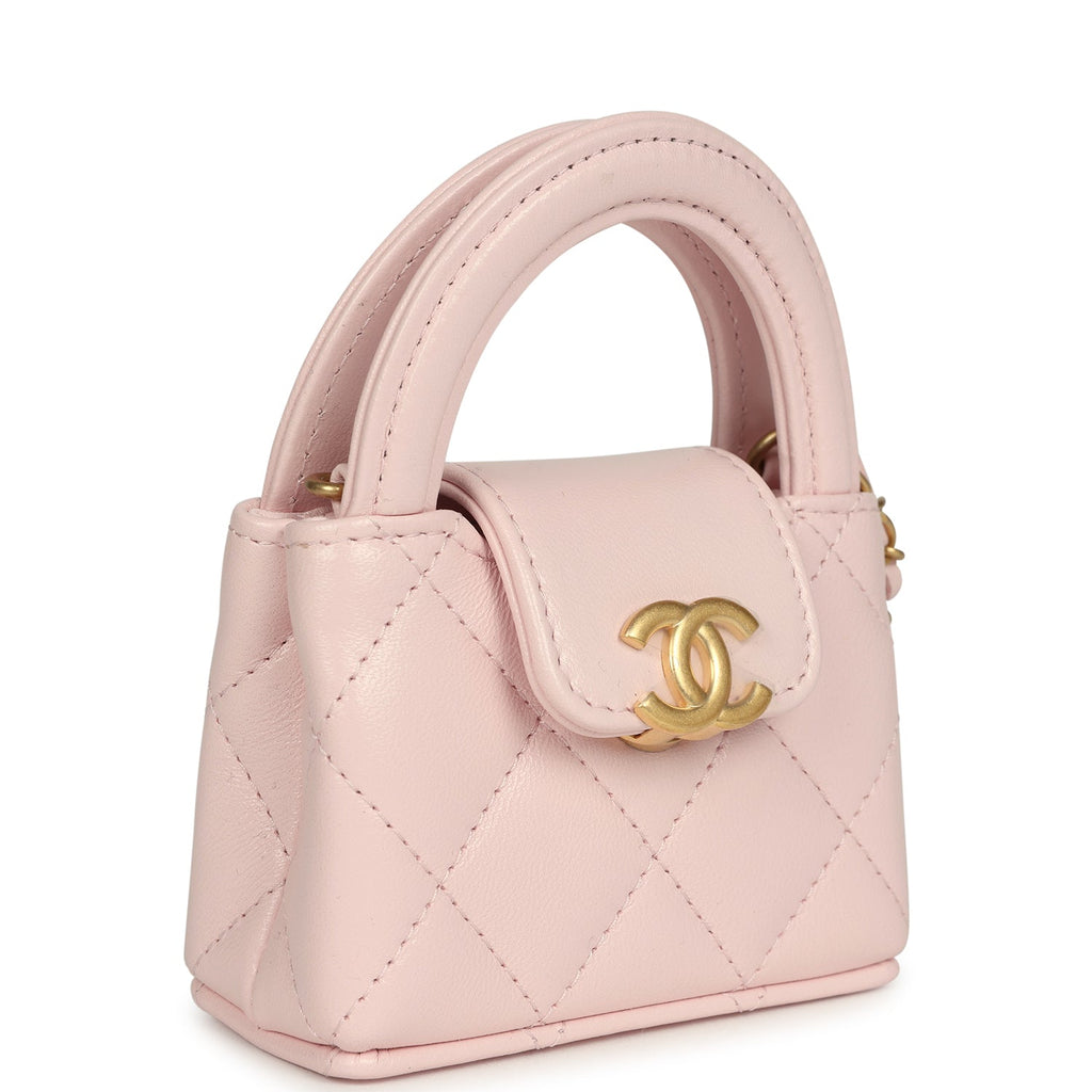 Nano Kelly Bag Charm Light Pink Shiny Lambskin Brushed Gold Hardware