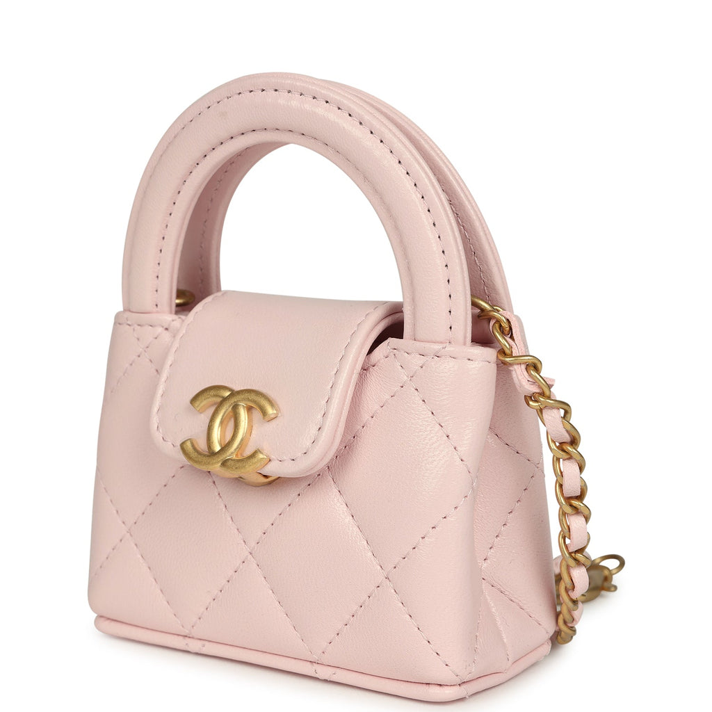 Nano Kelly Bag Charm Light Pink Shiny Lambskin Brushed Gold Hardware