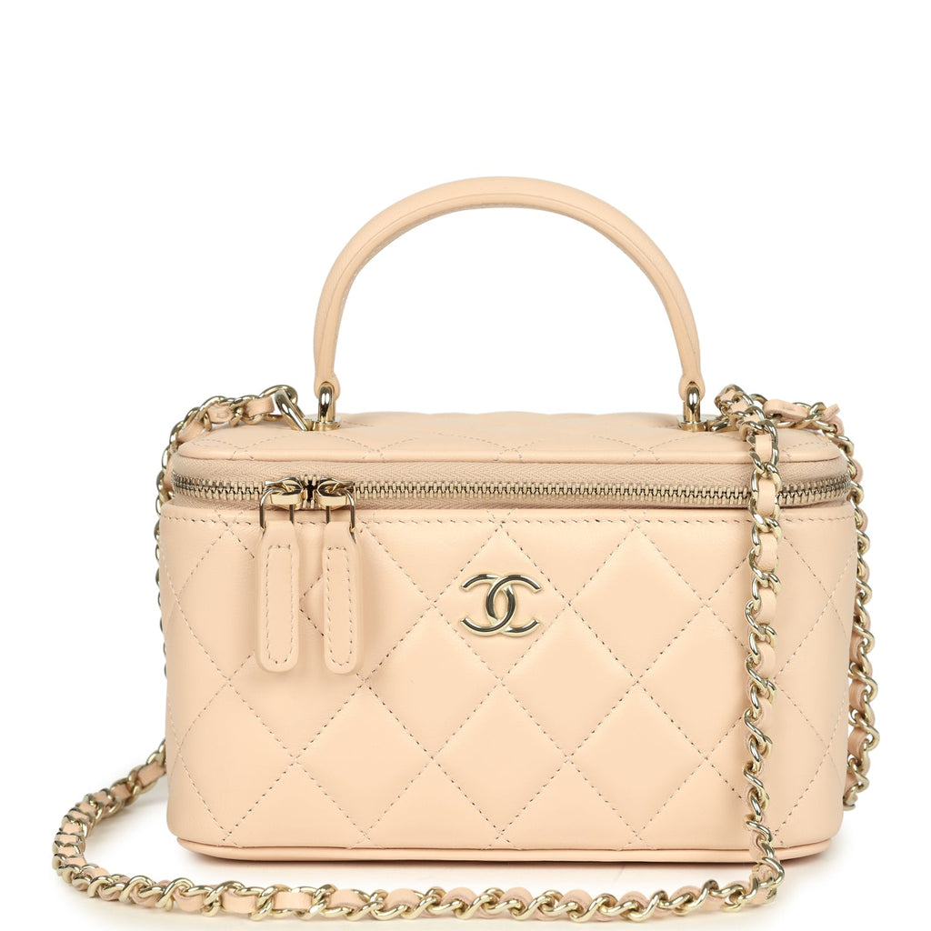 Small Top Handle Vanity Case Light Beige Lambskin Light Gold Hardware