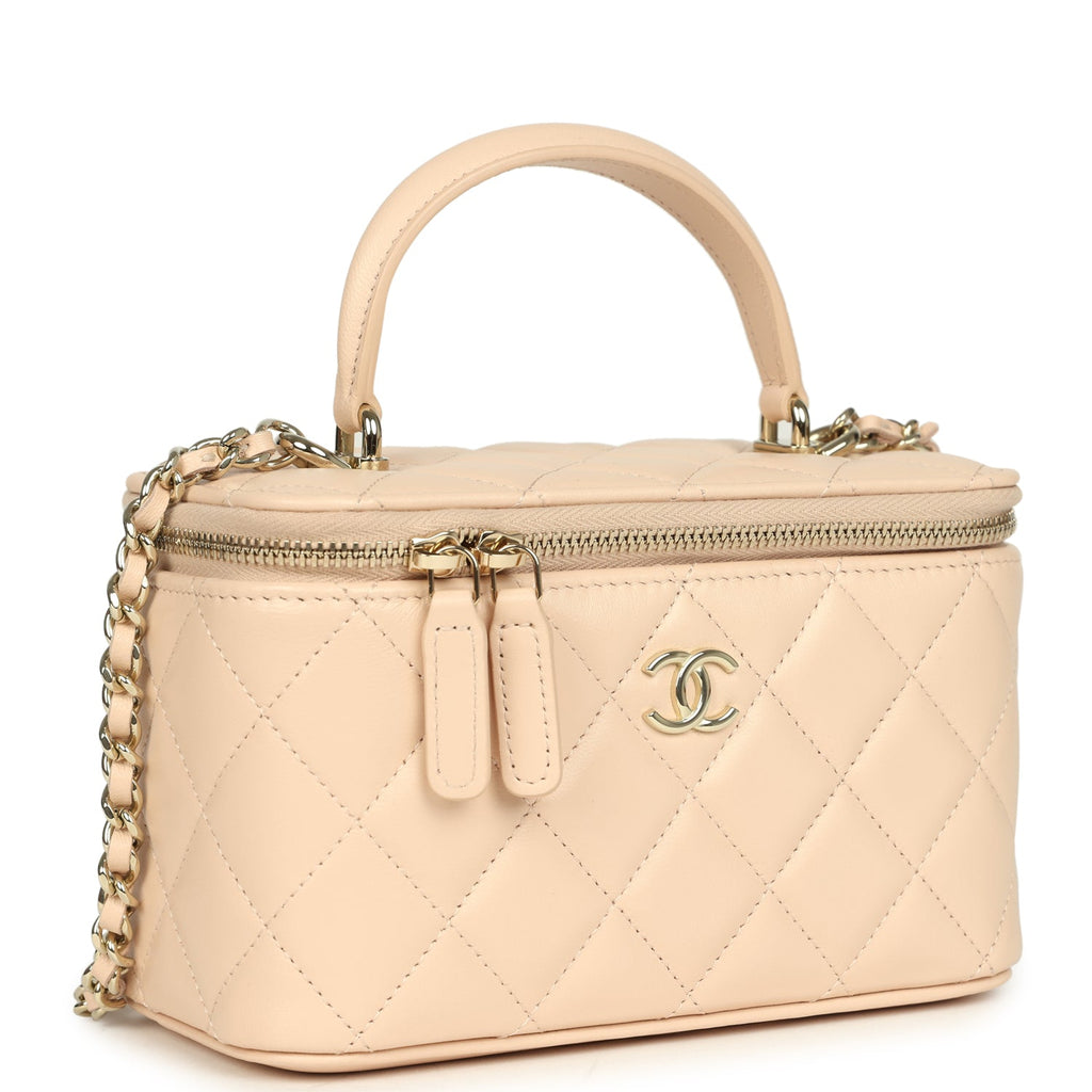 Small Top Handle Vanity Case Light Beige Lambskin Light Gold Hardware