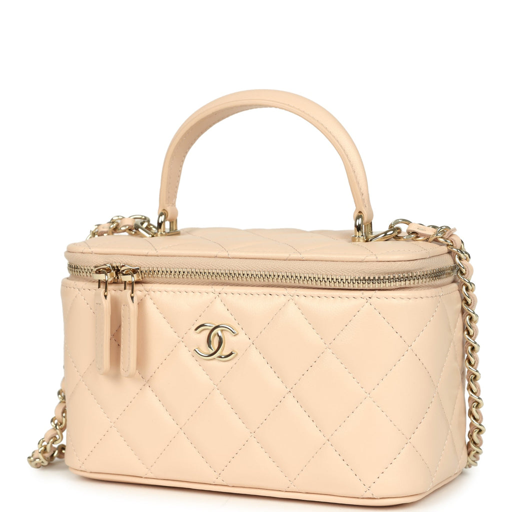 Small Top Handle Vanity Case Light Beige Lambskin Light Gold Hardware