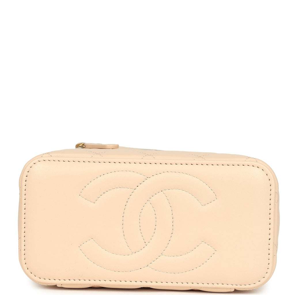 Small Top Handle Vanity Case Light Beige Lambskin Light Gold Hardware