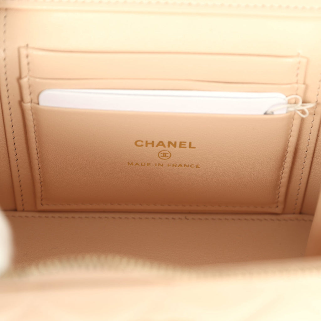 Small Top Handle Vanity Case Light Beige Lambskin Light Gold Hardware