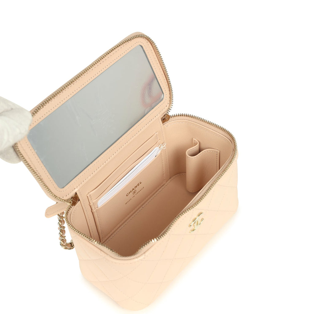 Small Top Handle Vanity Case Light Beige Lambskin Light Gold Hardware