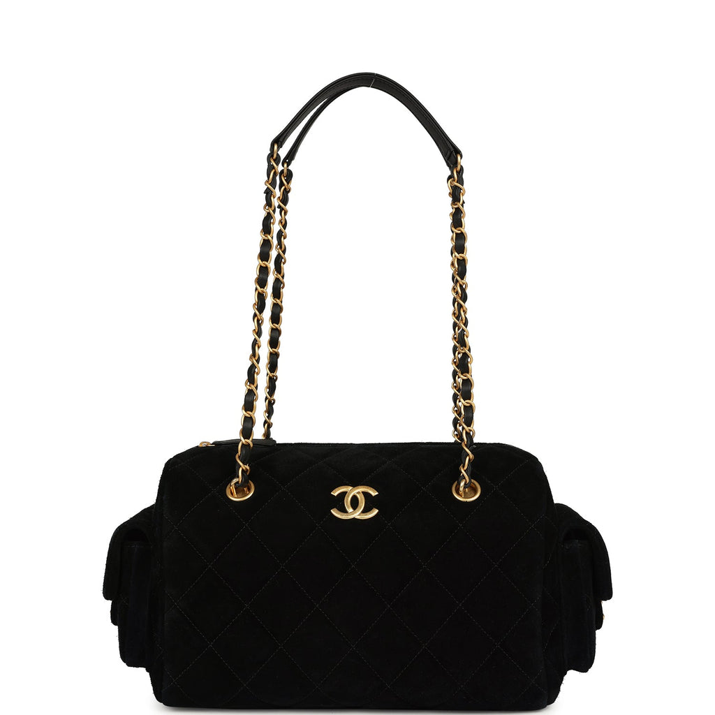 Small Bowling Bag Black Suede Antique Gold Hardware