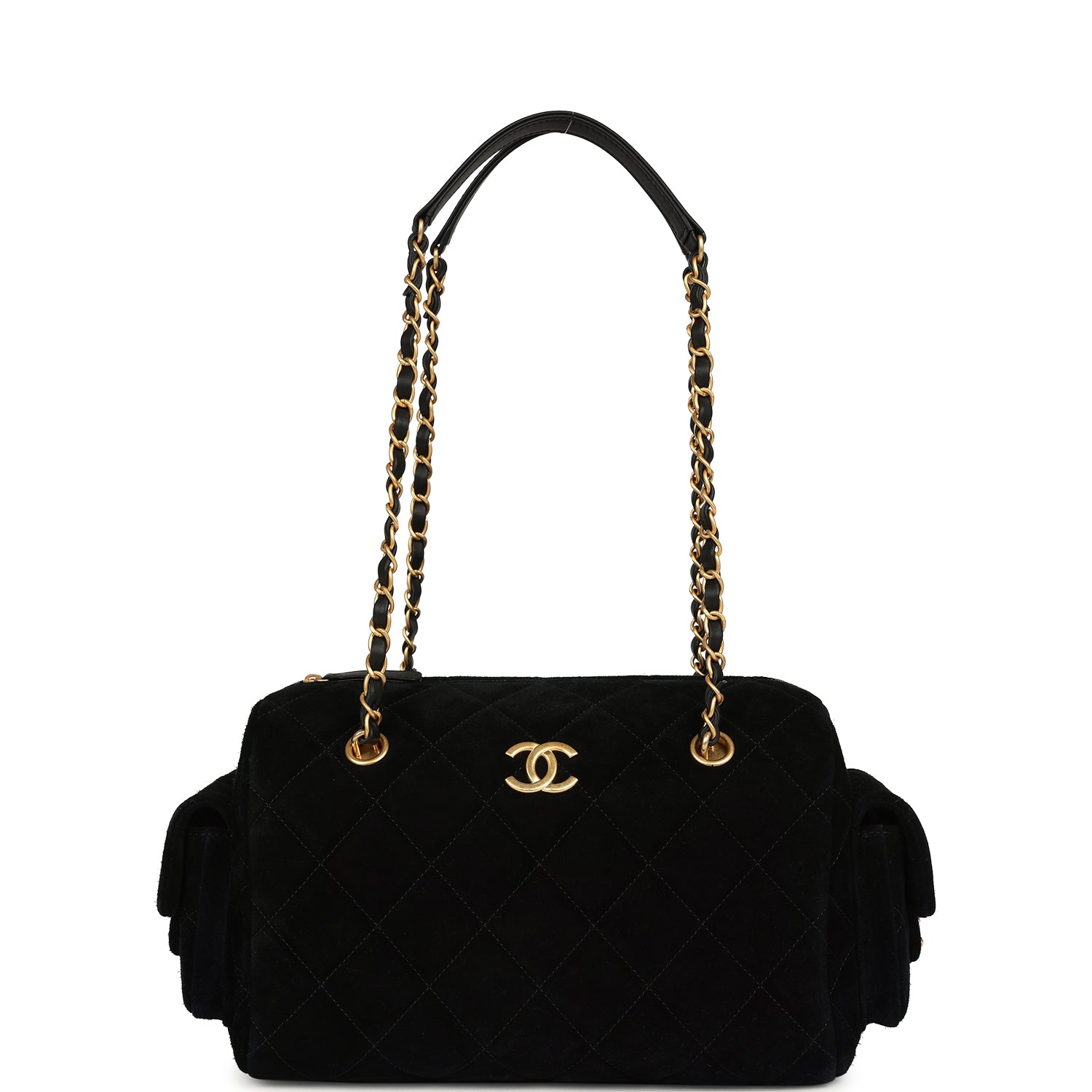 Small Bowling Bag Black Suede Antique Gold Hardware