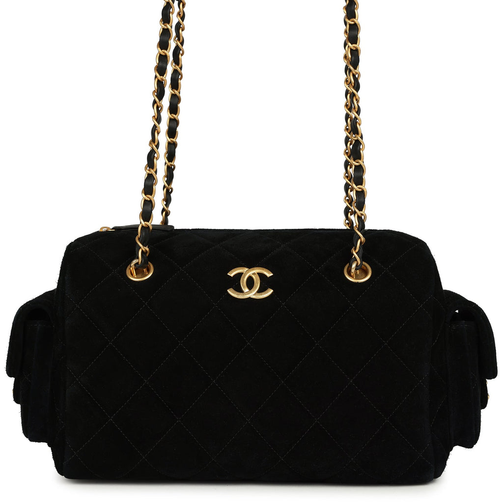 Small Bowling Bag Black Suede Antique Gold Hardware
