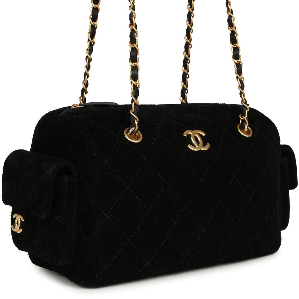Small Bowling Bag Black Suede Antique Gold Hardware