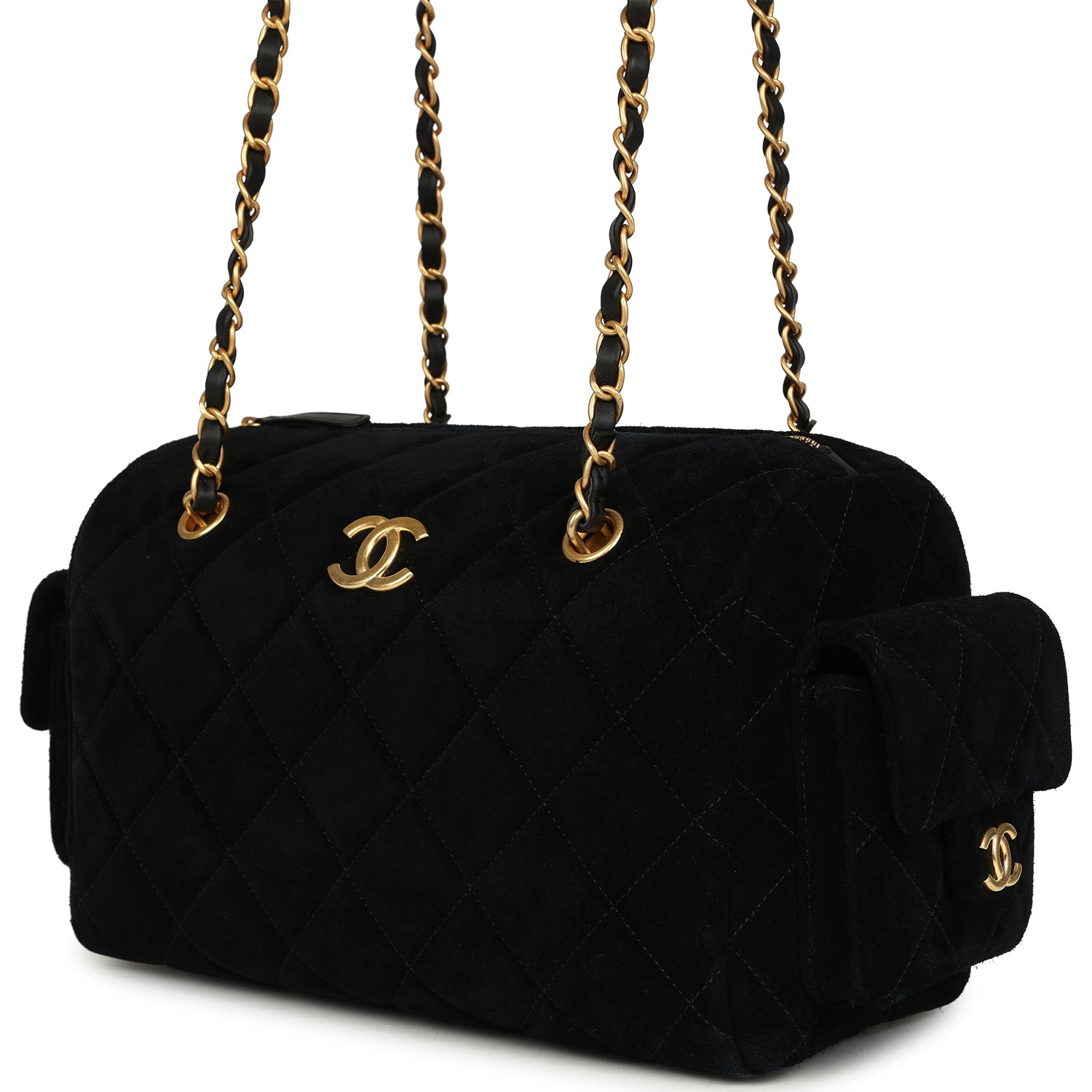 Small Bowling Bag Black Suede Antique Gold Hardware