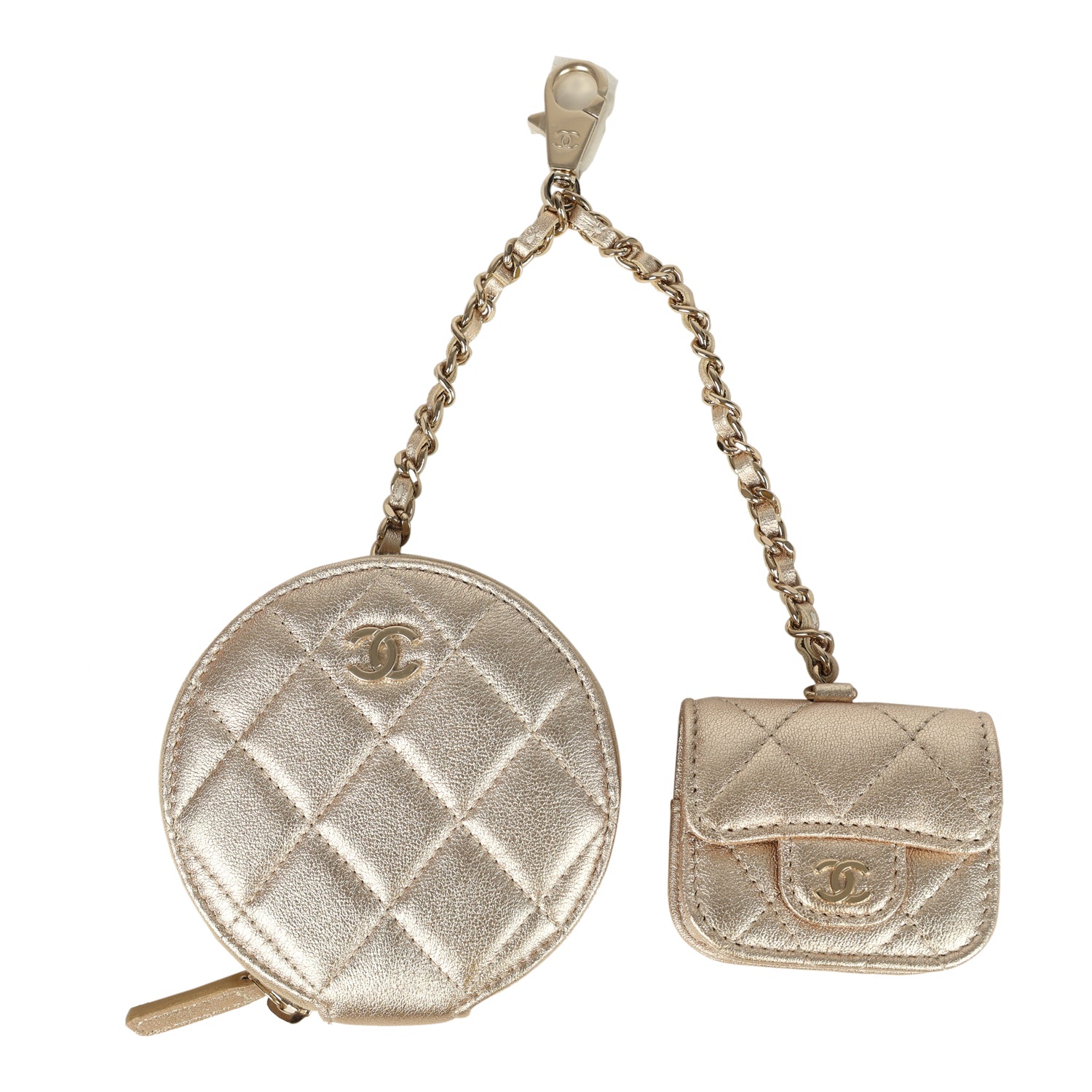 Round Clip-On Coin Purse and Airpod Pro Case Metallic Gold Goatskin Light Gold Hardware