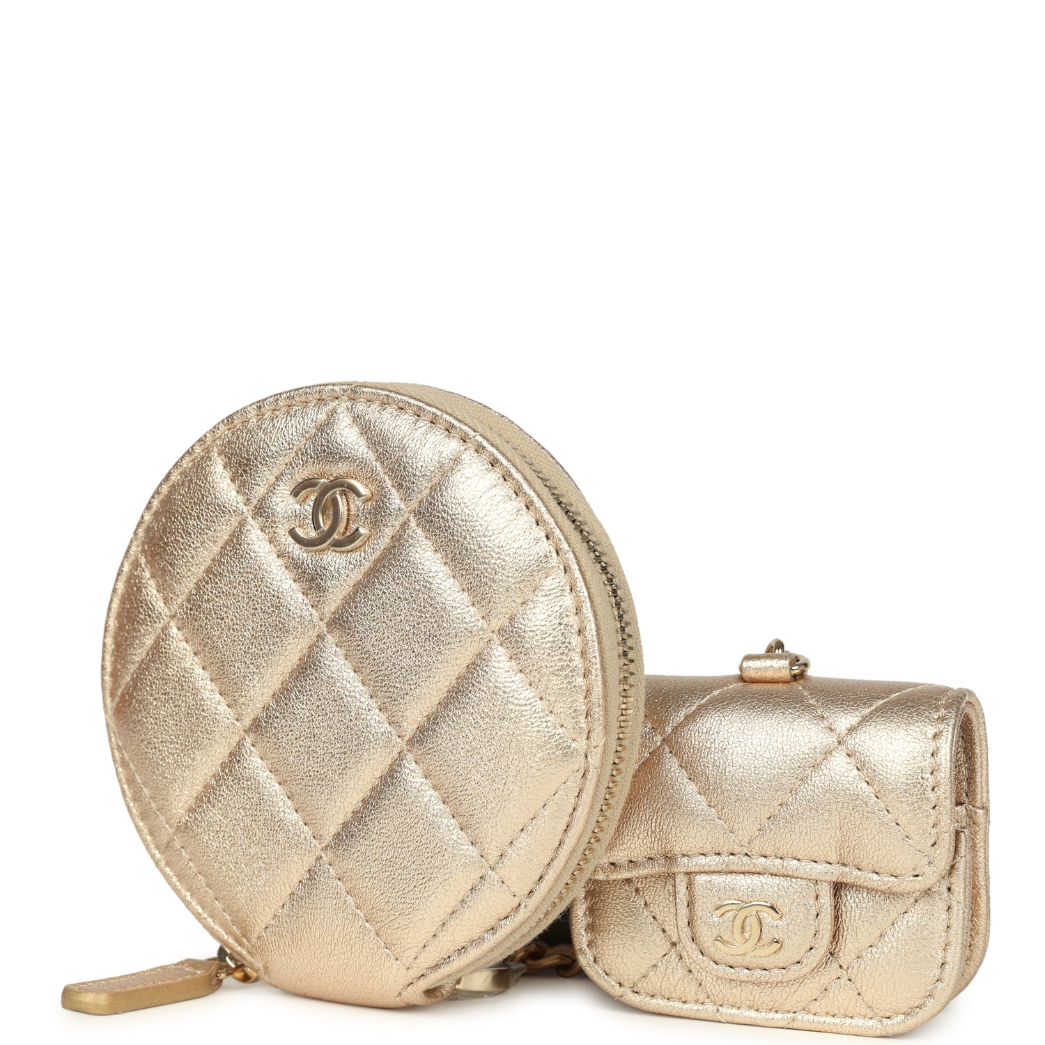 Round Clip-On Coin Purse and Airpod Pro Case Metallic Gold Goatskin Light Gold Hardware