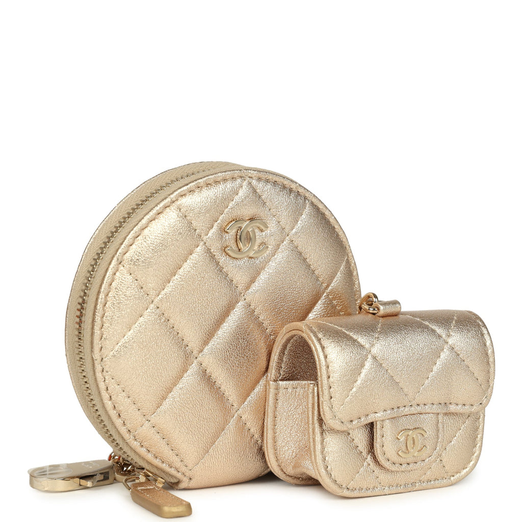 Round Clip-On Coin Purse and Airpod Pro Case Metallic Gold Goatskin Light Gold Hardware