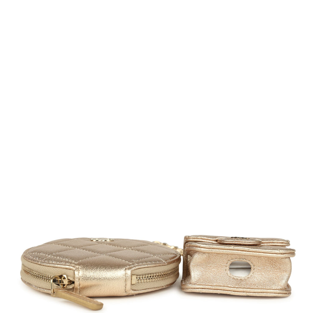 Chanel Round Clip-On Coin Purse and Airpod Pro Case Metallic Gold Goatskin Light Gold Hardware
