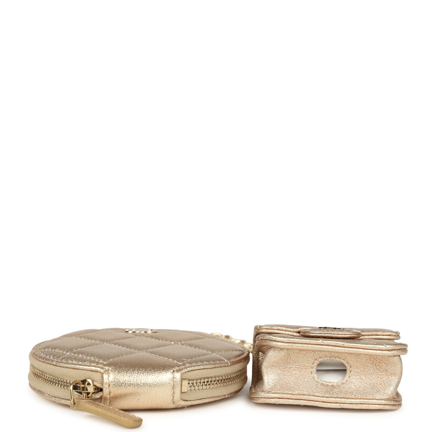 Round Clip-On Coin Purse and Airpod Pro Case Metallic Gold Goatskin Light Gold Hardware