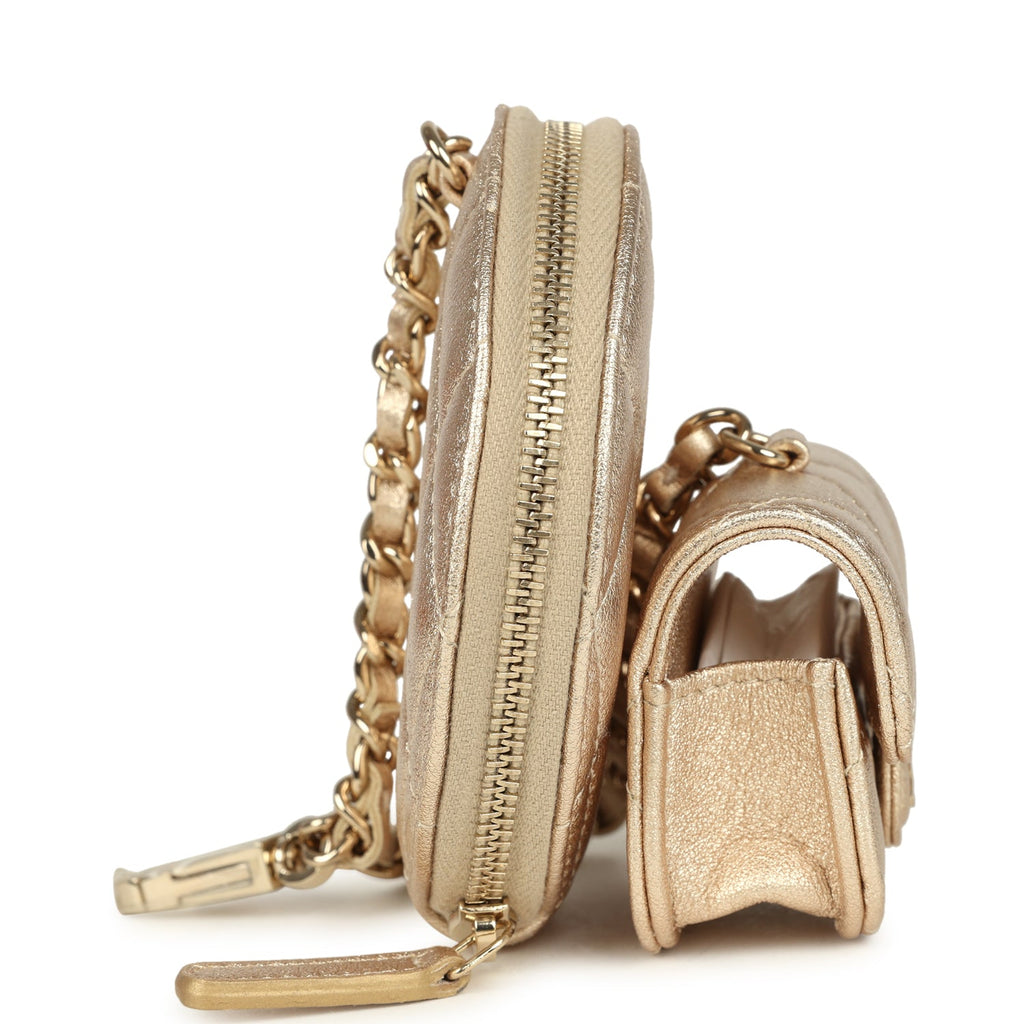 Round Clip-On Coin Purse and Airpod Pro Case Metallic Gold Goatskin Light Gold Hardware