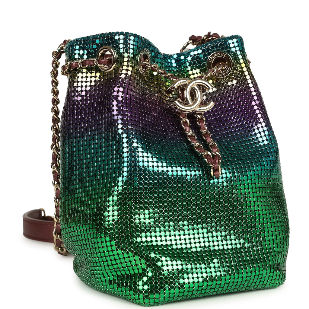 Mini Bucket Bag Green, Purple and Blue Ombre Metallic Mesh Light Gold Hardware