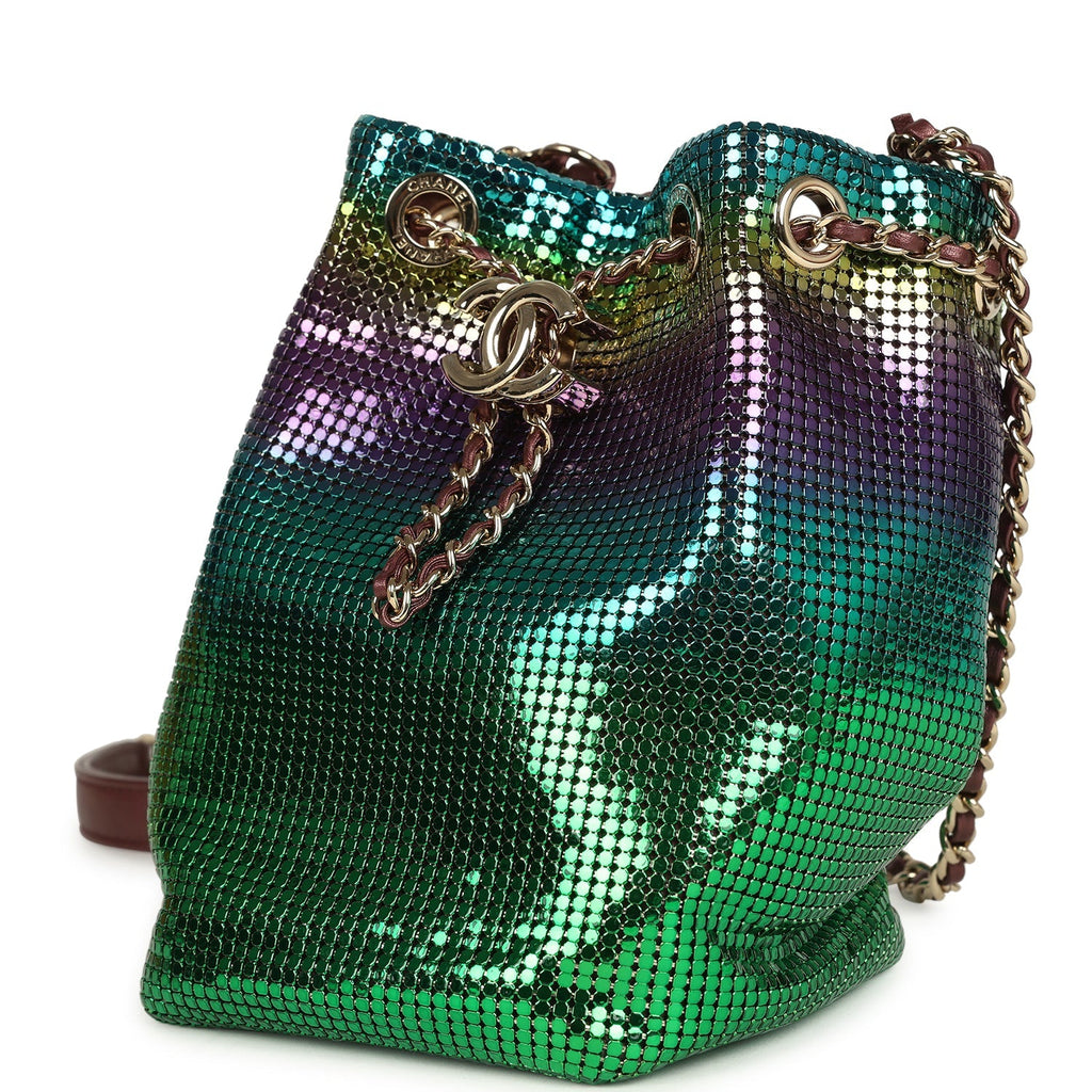 Mini Bucket Bag Green, Purple and Blue Ombre Metallic Mesh Light Gold Hardware