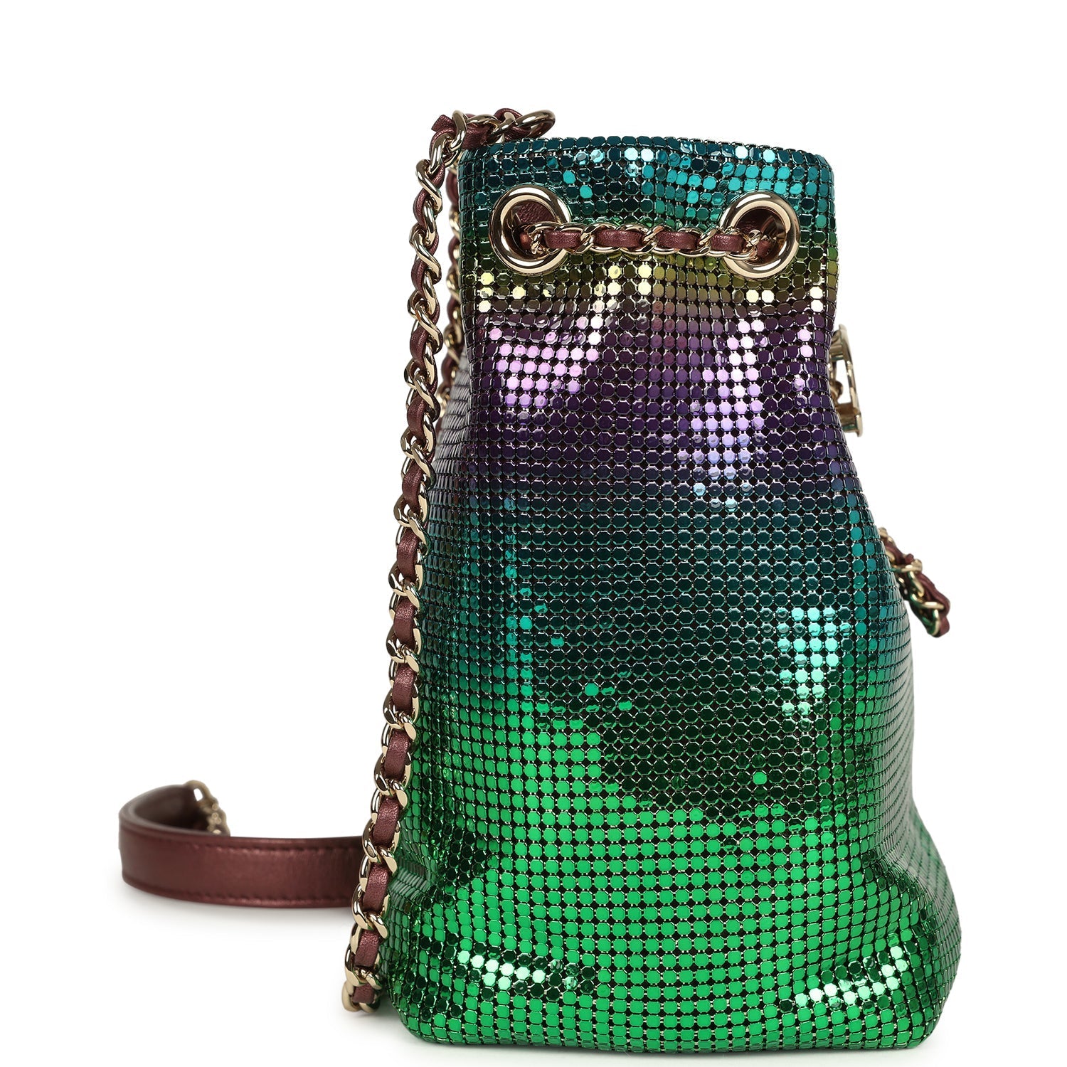 Mini Bucket Bag Green, Purple and Blue Ombre Metallic Mesh Light Gold Hardware