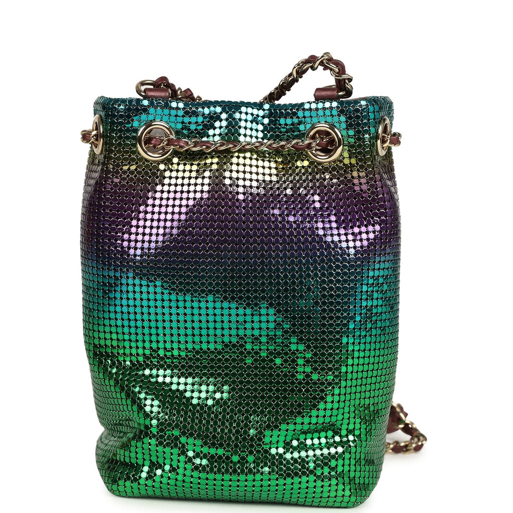 Mini Bucket Bag Green, Purple and Blue Ombre Metallic Mesh Light Gold Hardware
