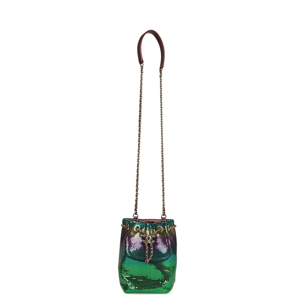 Mini Bucket Bag Green, Purple and Blue Ombre Metallic Mesh Light Gold Hardware