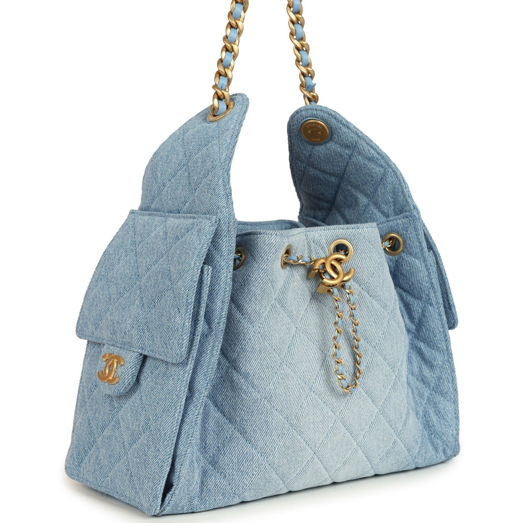 Small 25 Hobo Bag Light Blue Washed Denim Antique Gold Hardware