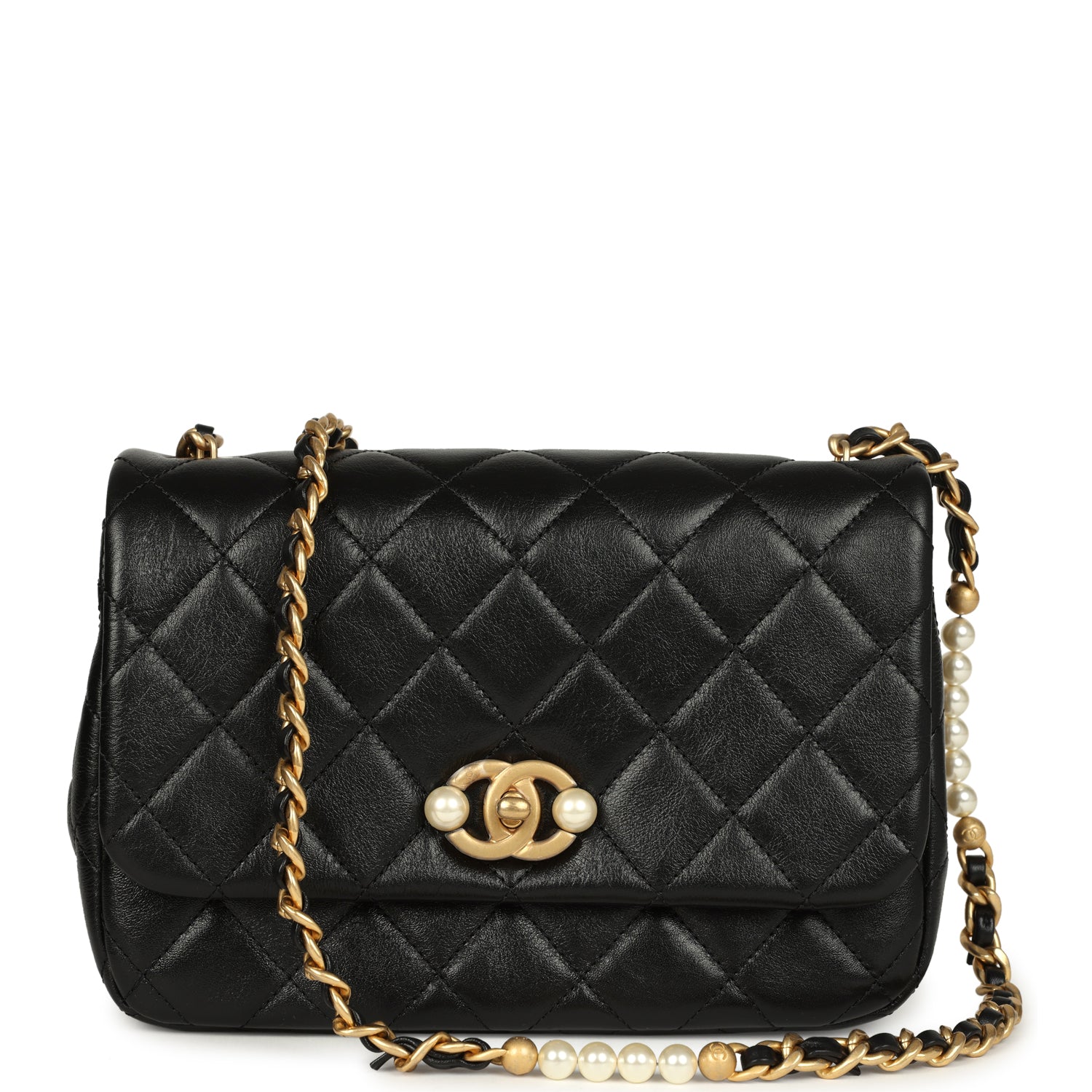 Small Pearl Flap Bag Black Shiny Calfskin Brushed Gold Hardware