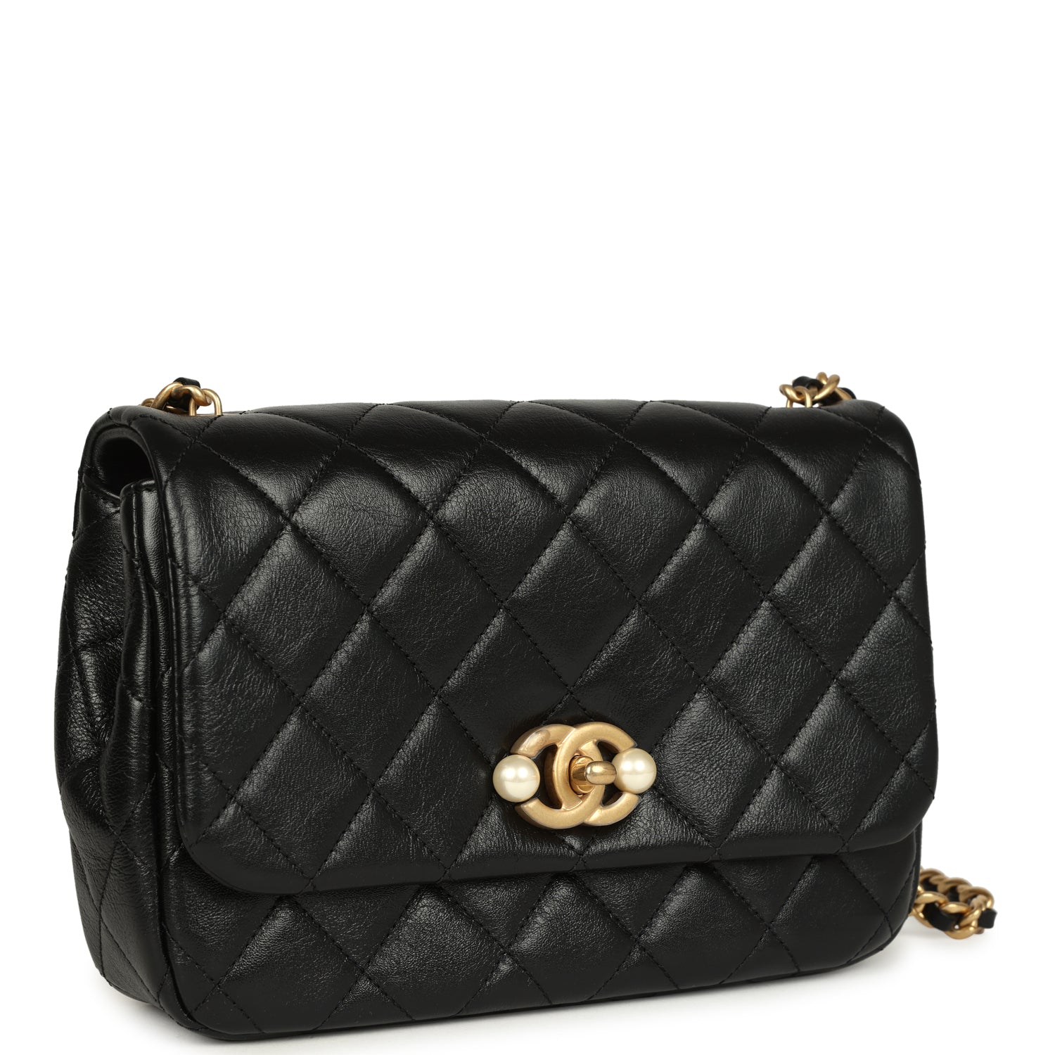 Small Pearl Flap Bag Black Shiny Calfskin Brushed Gold Hardware