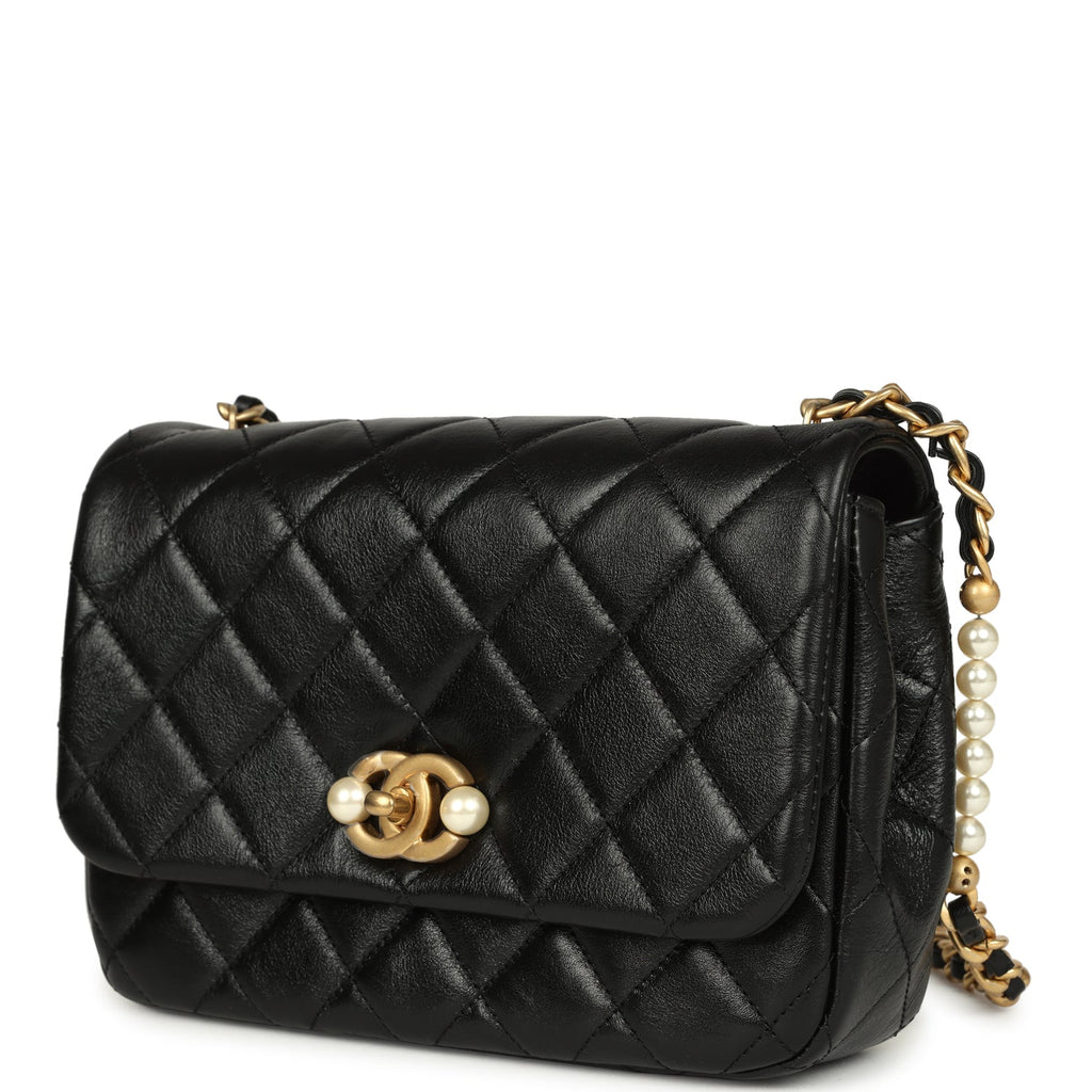 Small Pearl Flap Bag Black Shiny Calfskin Brushed Gold Hardware