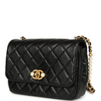 Small Pearl Flap Bag Black Shiny Calfskin Brushed Gold Hardware