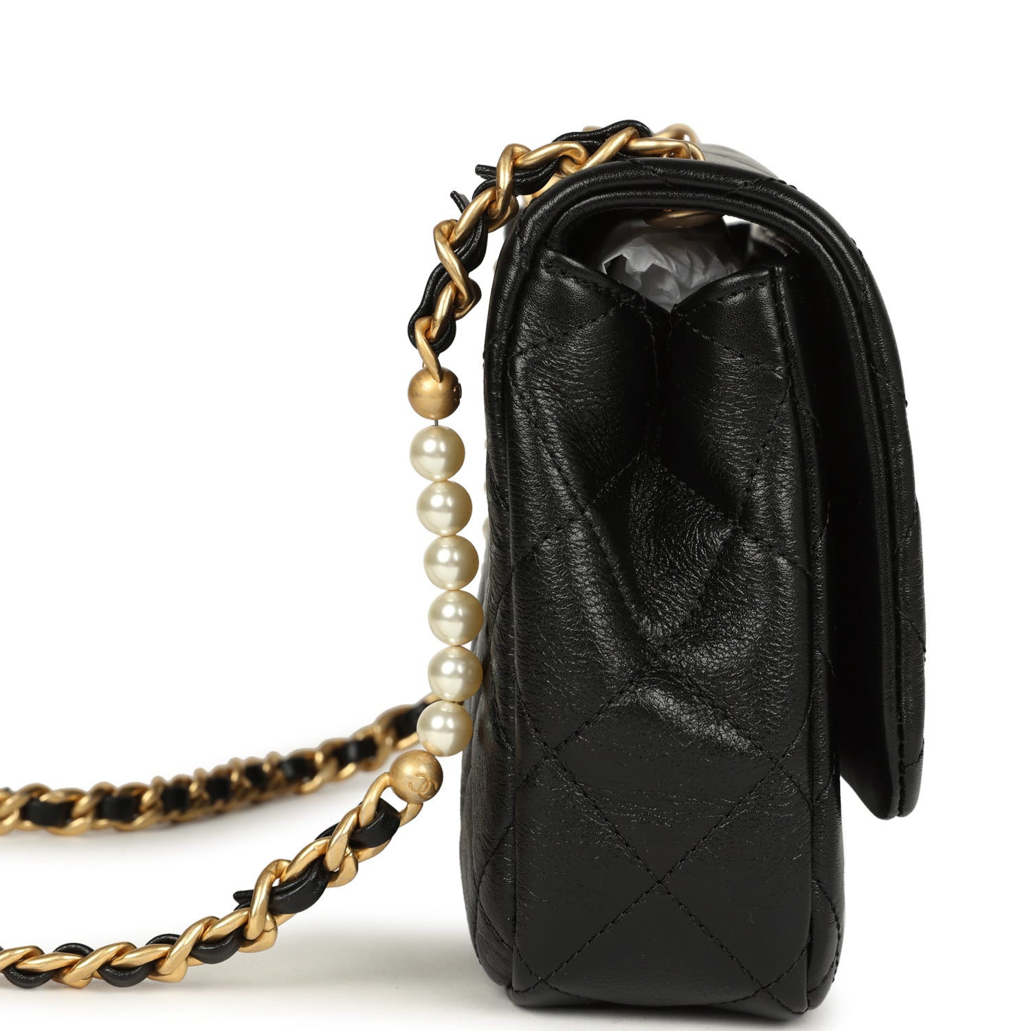 Small Pearl Flap Bag Black Shiny Calfskin Brushed Gold Hardware
