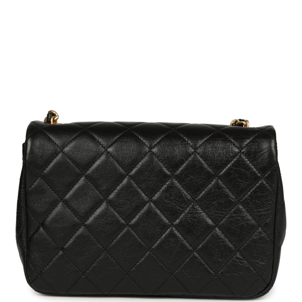 Small Pearl Flap Bag Black Shiny Calfskin Brushed Gold Hardware