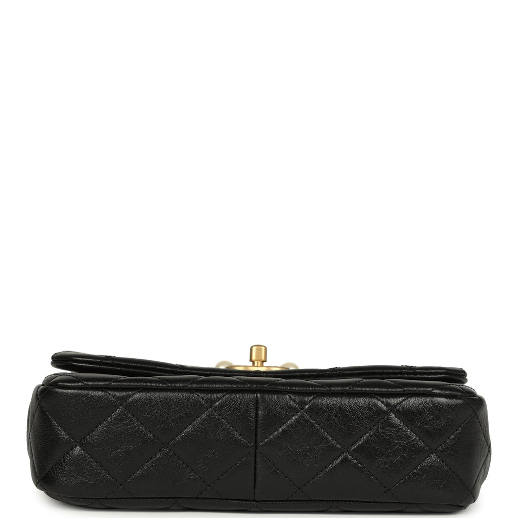 Small Pearl Flap Bag Black Shiny Calfskin Brushed Gold Hardware