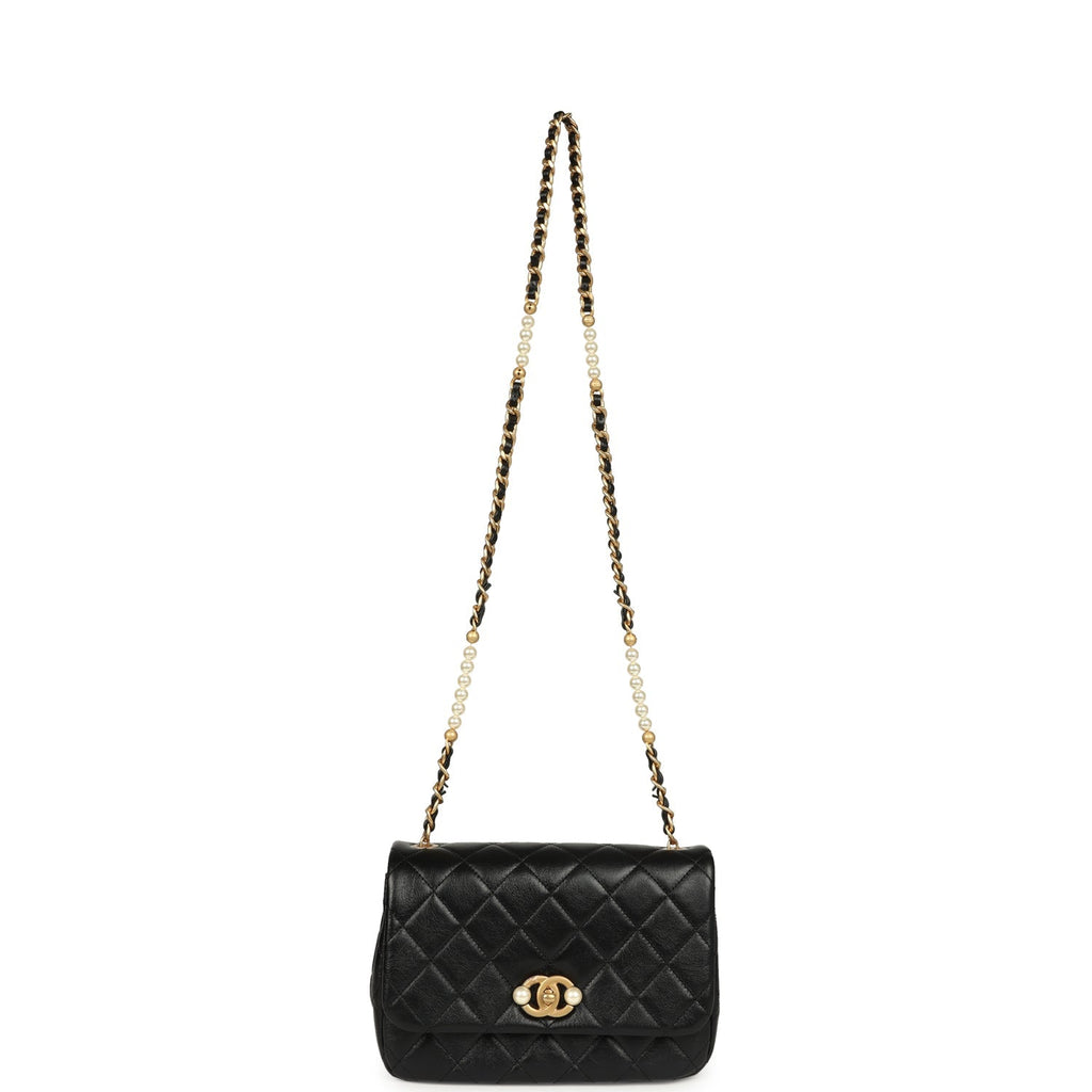 Small Pearl Flap Bag Black Shiny Calfskin Brushed Gold Hardware