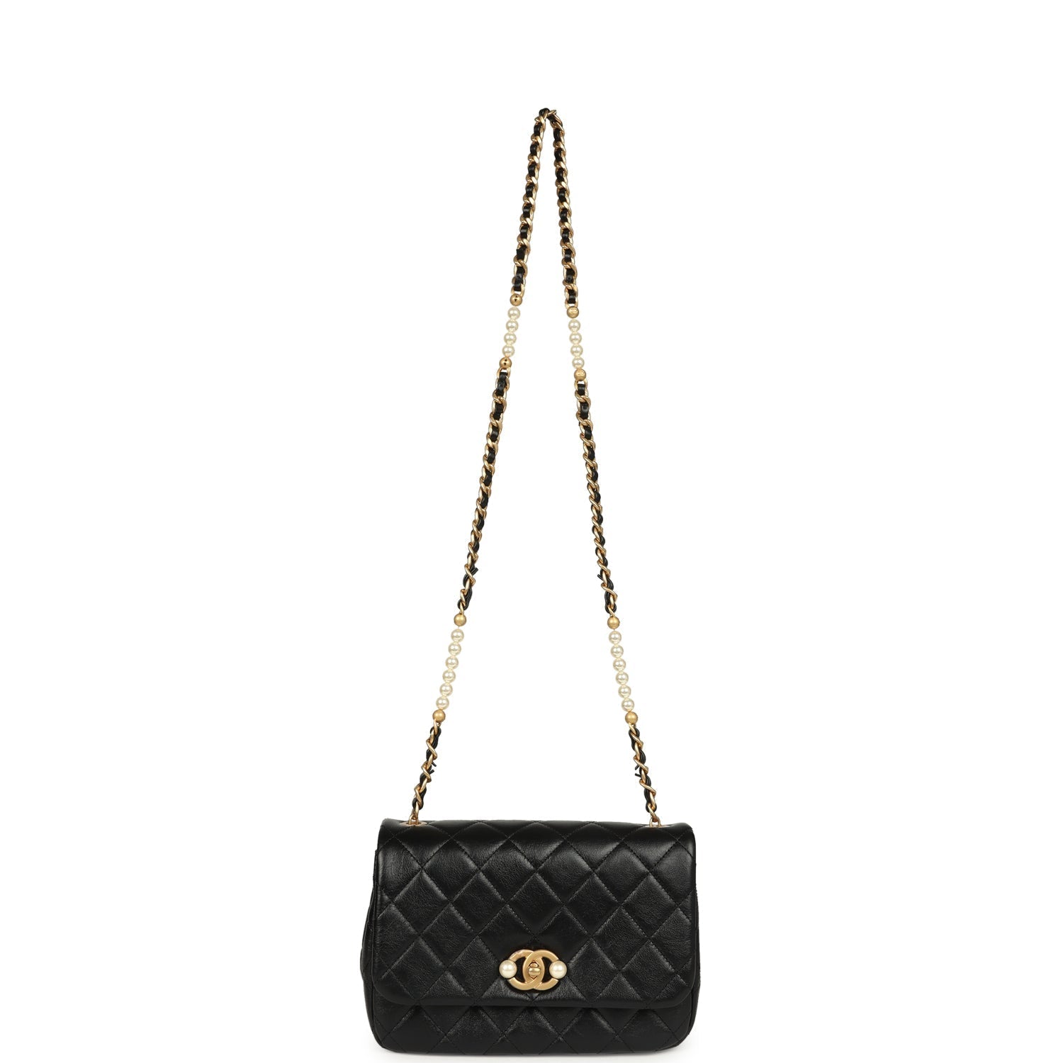 Small Pearl Flap Bag Black Shiny Calfskin Brushed Gold Hardware