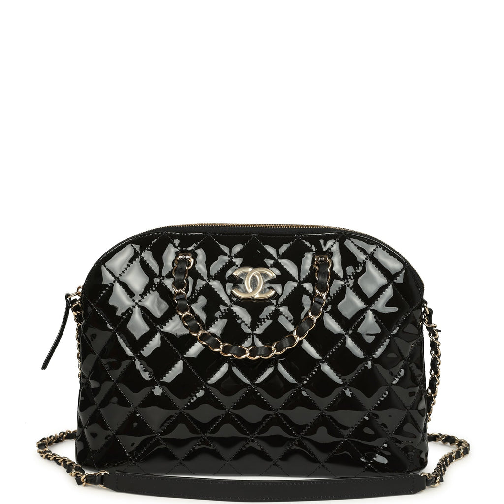 Top Handle Shopping Bag Black Patent Leather Gold Hardware