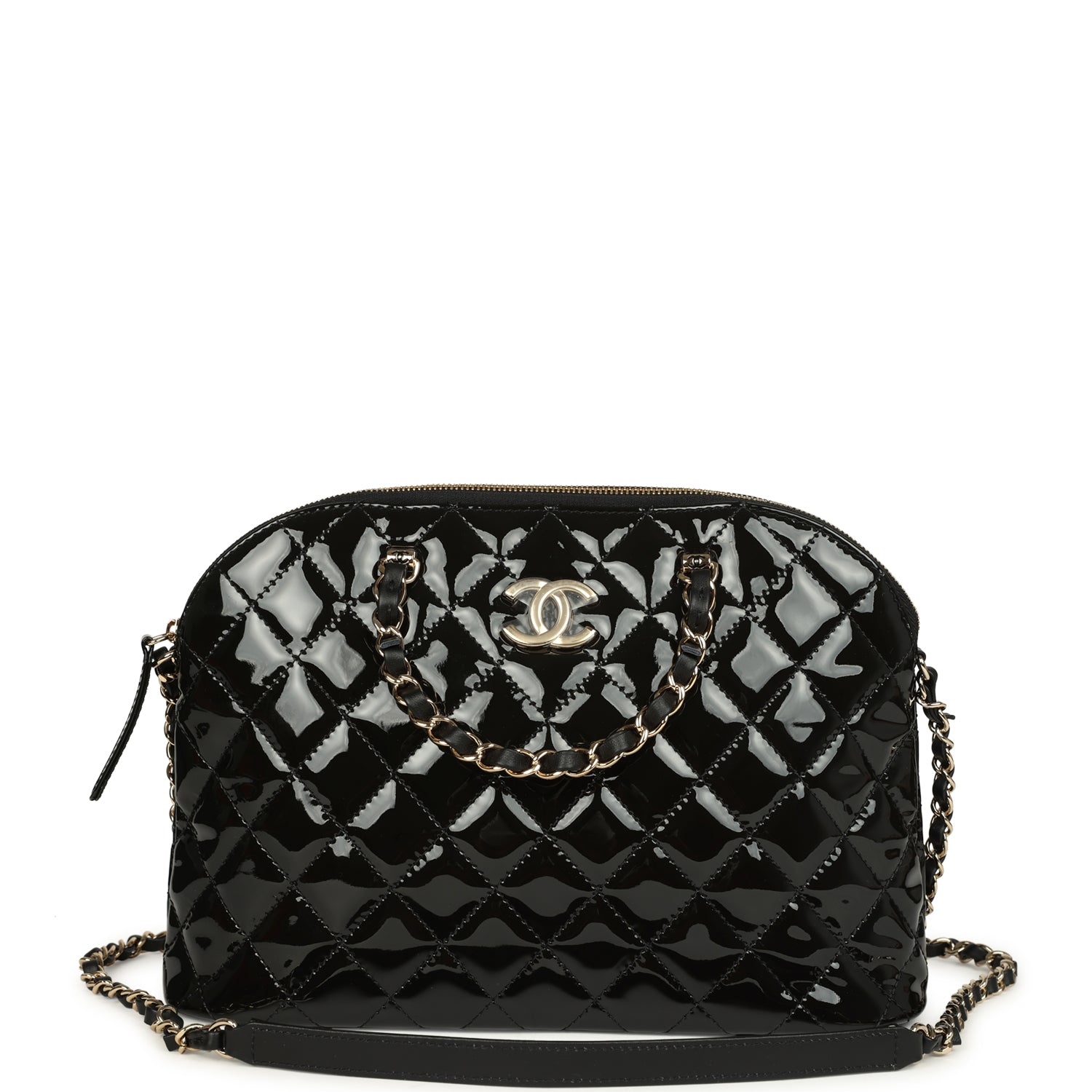 Top Handle Shopping Bag Black Patent Leather Gold Hardware
