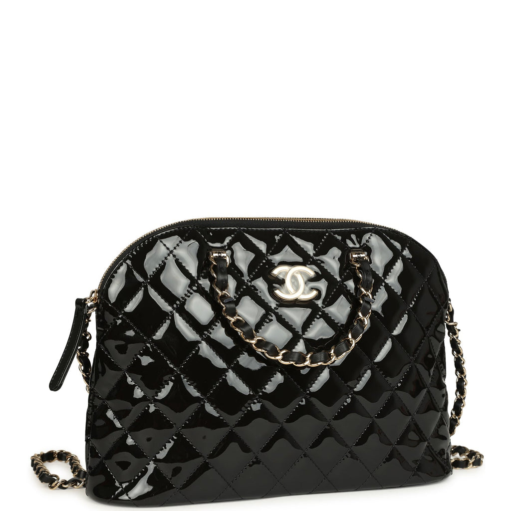 Top Handle Shopping Bag Black Patent Leather Gold Hardware