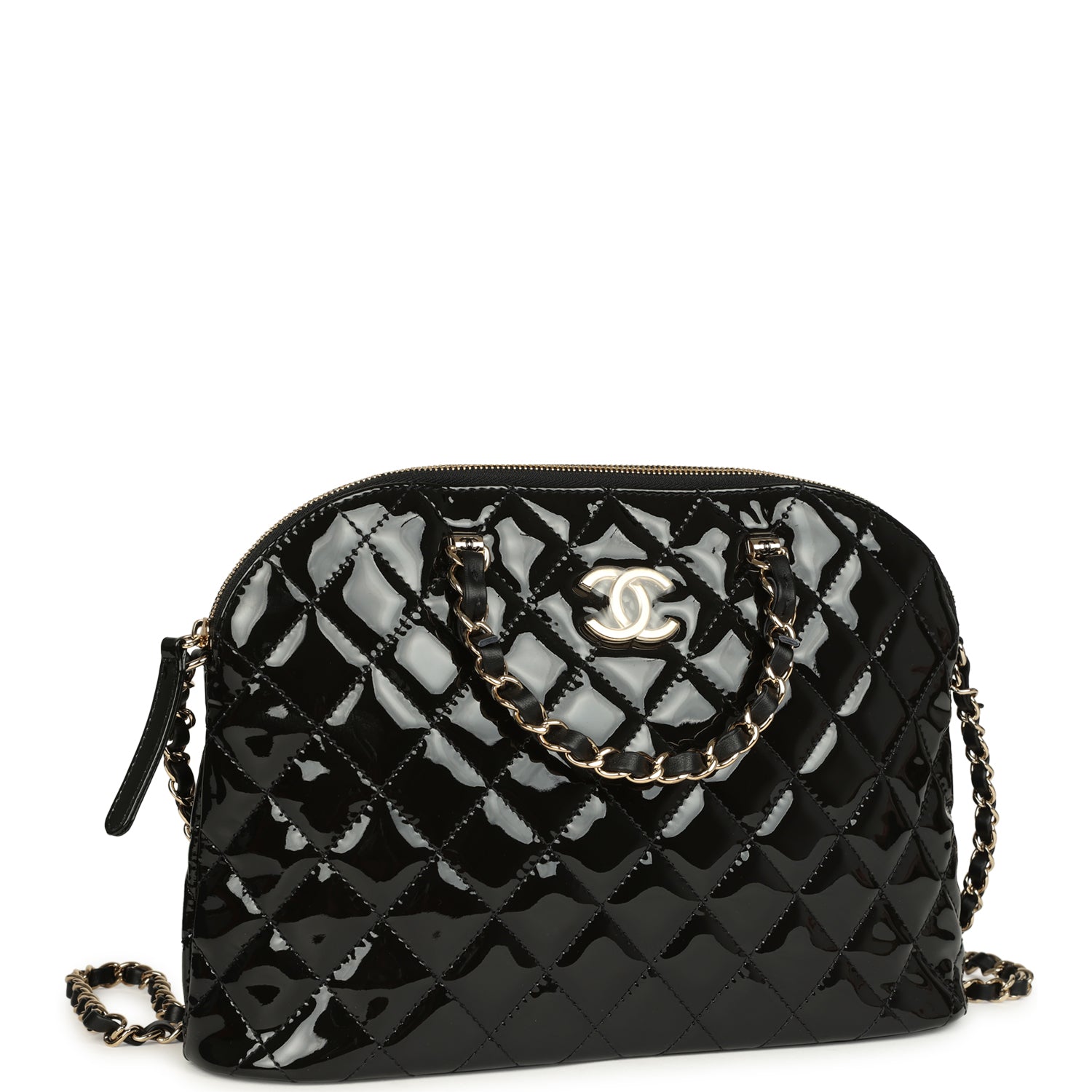 Top Handle Shopping Bag Black Patent Leather Gold Hardware