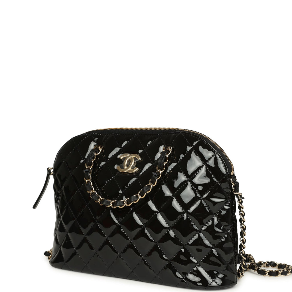 Top Handle Shopping Bag Black Patent Leather Gold Hardware